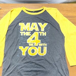 Men's May the 4th Be With You  3/4  Sleeve Raglan Yellow Black L  Men’s Shirt